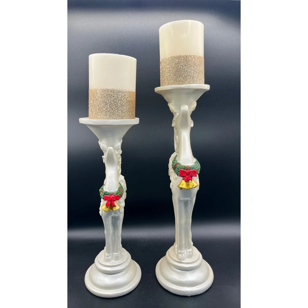 Christmas Reindeer Pillar Candle Holder Set Cream Gold LED Candles 2pc 14